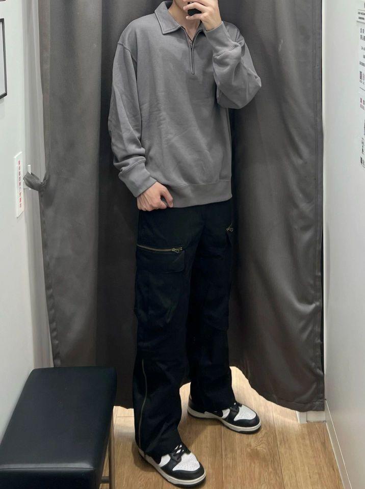 优衣库半拉链卫衣搭配机能风工装裤有点小帅